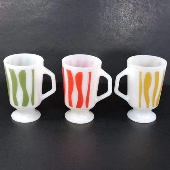 3 Vintage AH Fire King Milk Glass Coffee Mugs - Pedestal Base - Wavy Lines - Picture 2 of 16